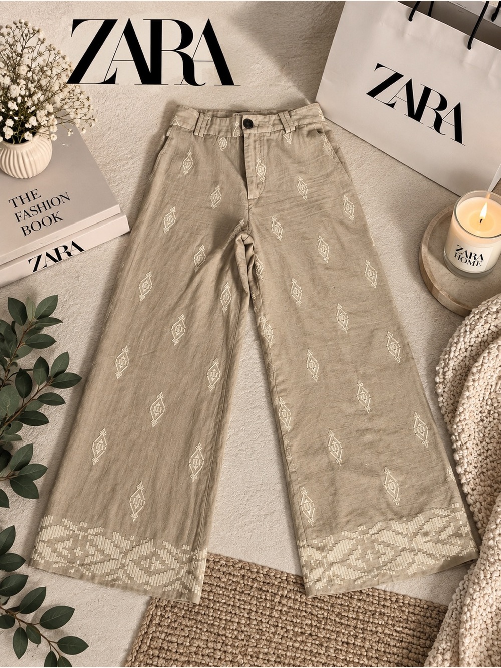 ZARA Beige Wide-Leg Embroidered Linen-Blend Pants